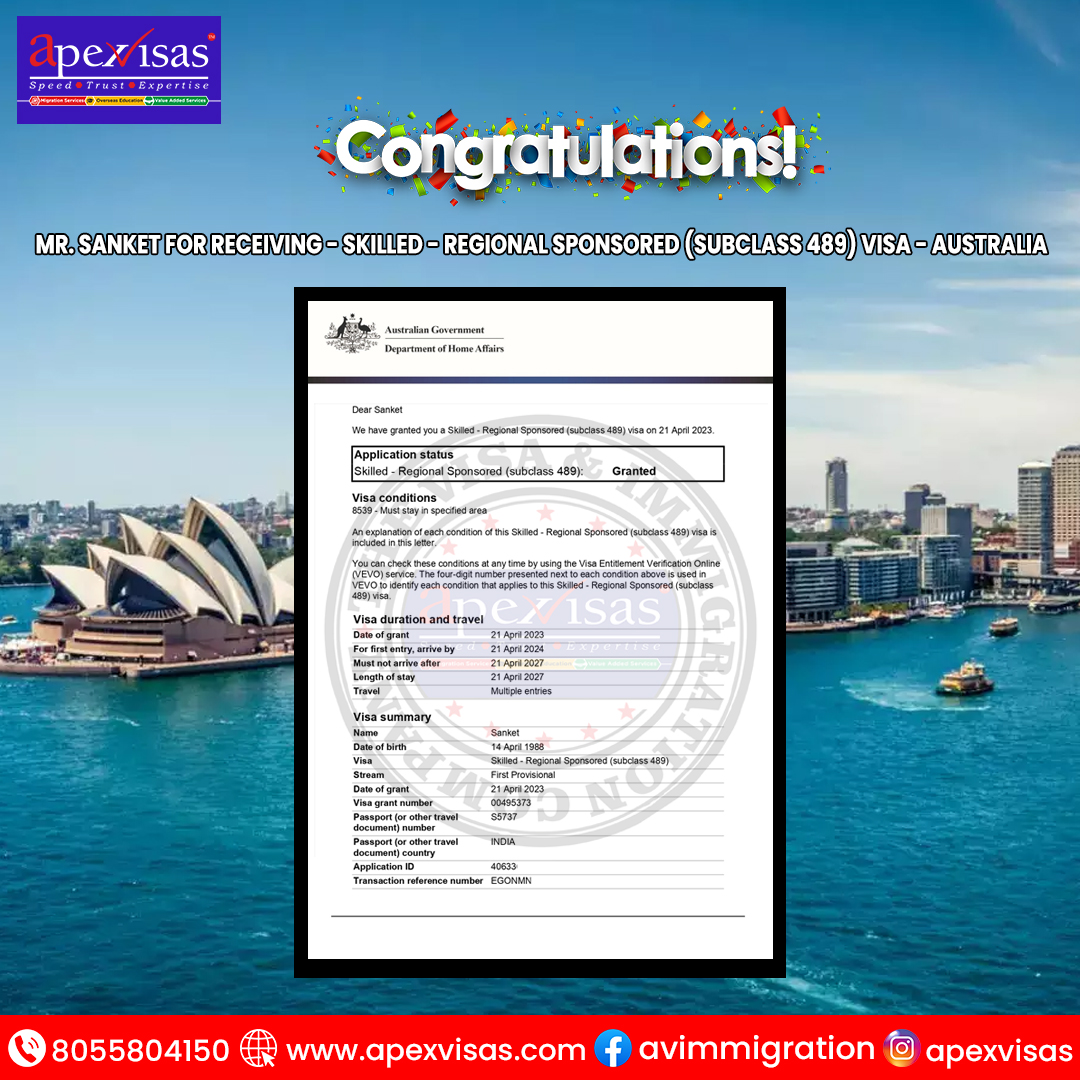 VisasApex's tweet image. Congratulations Mr. Sanket for receiving- Skilled- Regional Sponsored (Subclass 489) Visa - Australia

DM us
Call us: 📞+91-80558 04150
Visit our website: 🌐 apexvisas.com
.
.
.
#australiavisa #subclass489 #australia #visaconsultant #VISA #prvisa #immigration #ApexVisas