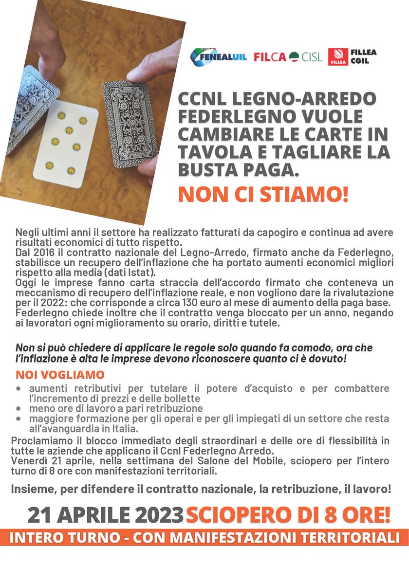 FENEALUIL_'s tweet photo. #21aprile Sciopero del #legno oggi a Milano #Salonedelmobile2023
Treviso Forlì La Spezia Pesaro Matera Calangianus.
Registrate adesioni altissime in tutte le aziende e in particolare nelle +rappresentative del settore!
#respect4workers #noinoncistiamo #contrattosubito https://t.co/QQbeGapK7D