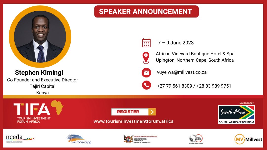 tifa_forum's tweet photo. Stephen Kimingi, Co-Founder and Executive Director of Tajiri Capital Kenya, will speak at the Tourism Investment Forum Africa 2023.
Register now at Register at https://t.co/5EaWeWVDLo
#TIFA2023 #Tourisminvestmentforum #notherncapetourism #Southafricantourism https://t.co/yCboWYSfiT