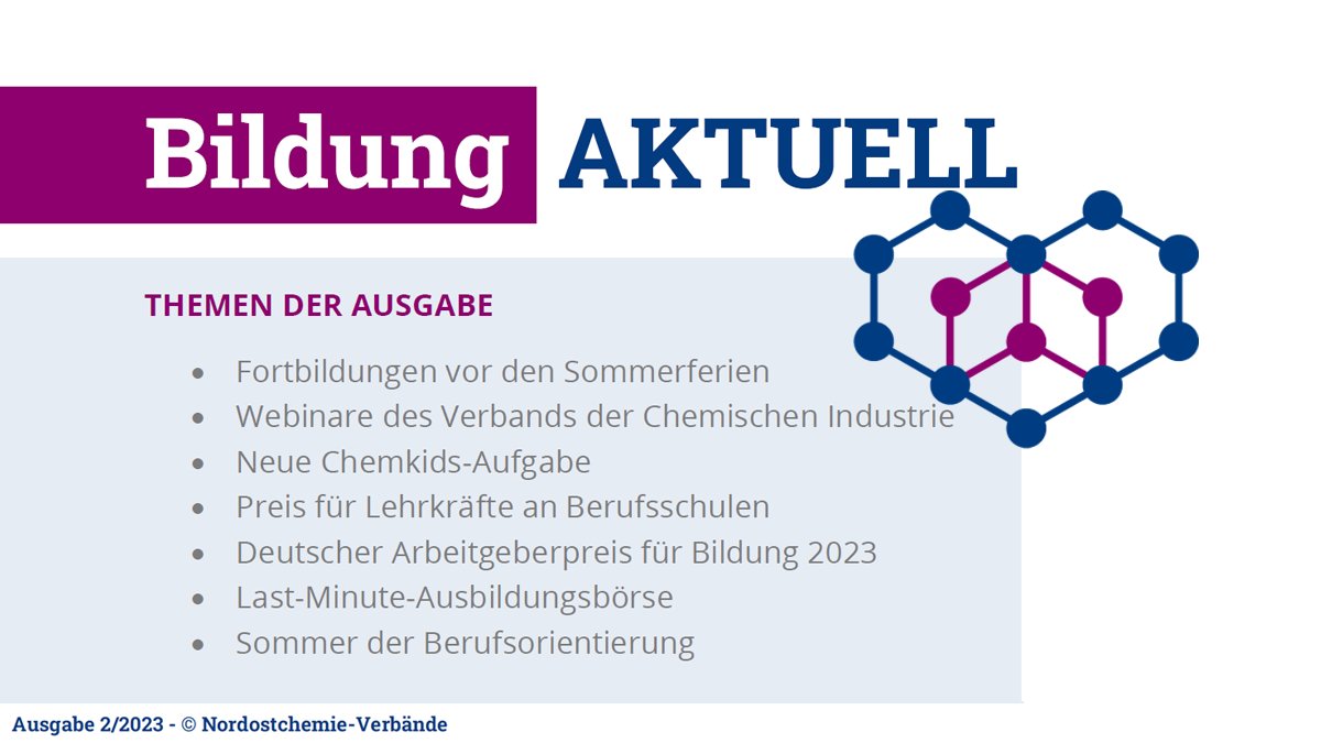 Die neue Ausgabe von #Bildung Aktuell ist da:  
✅ spannende Fortbildungen &amp; Webinare für Lehrkräfte 
✅ neue #Chemkids-Aufgabe 
✅ Last-Minute-Ausbildungsbörse 
✅ Angebote zur Berufsorientierung in den Sommermonaten
▶️ nordostchemie.de/vci/bildung.ht… #twlz