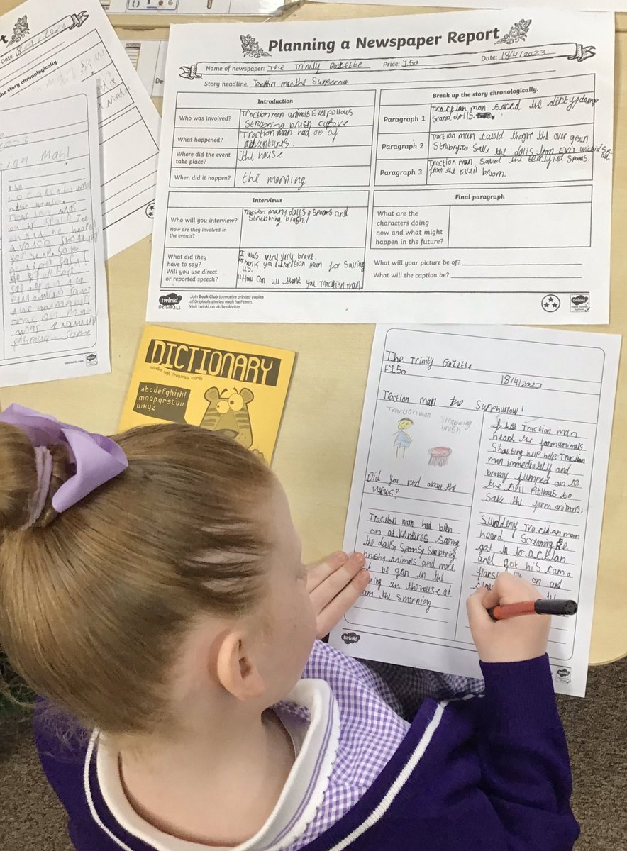 TheTrinityL5's tweet photo. Year 2 are working hard to write a newspaper report about ‘Traction Man’ 🦸‍♂️ 📰 🖊 #trinityenglish https://t.co/VGmpIhlqOS