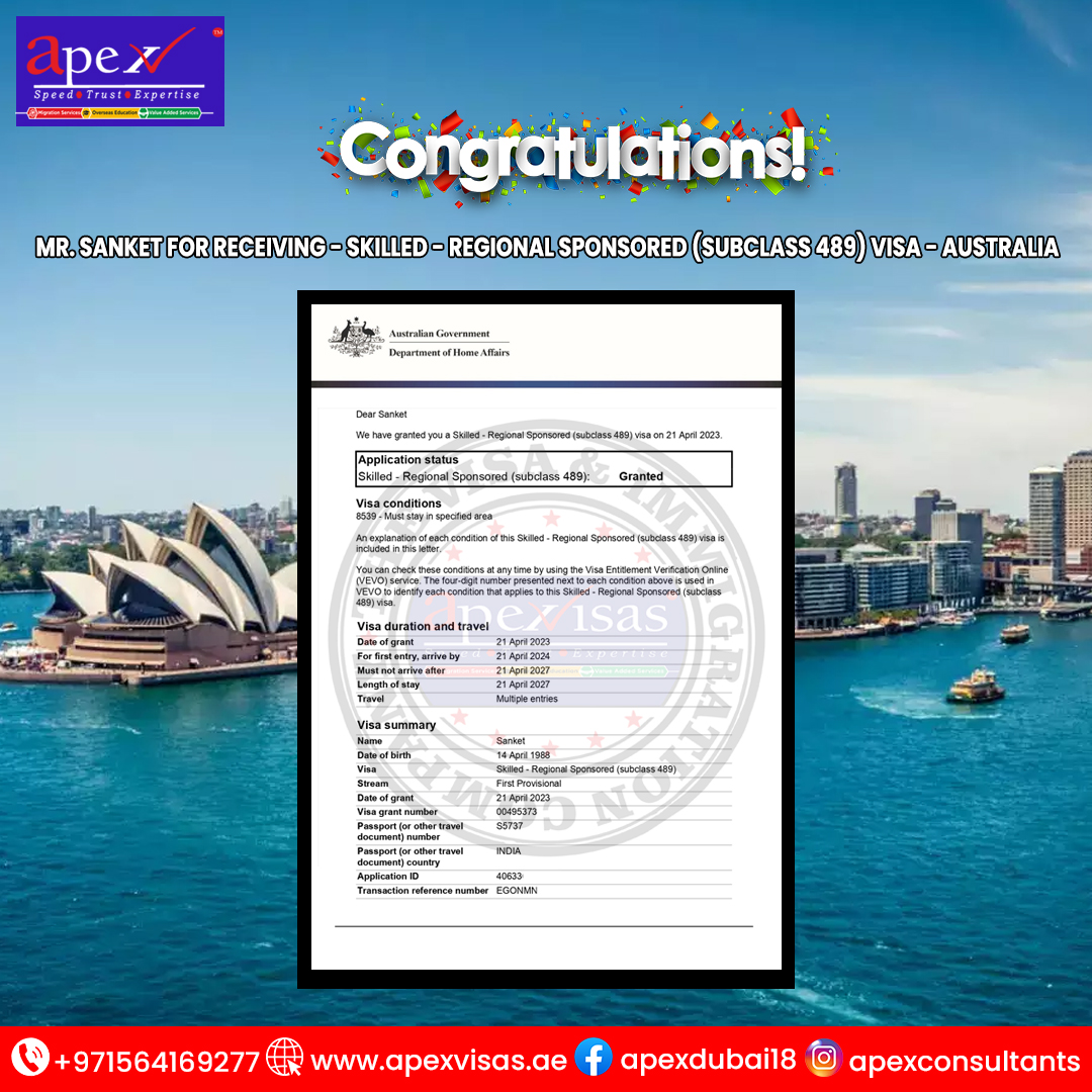 ApexMiddle's tweet image. Congratulations Mr. Sanket for receiving- Skilled- Regional Sponsored (Subclass 489) Visa - Australia

DM us
Call us: 📞  +971-564169277
Visit our website: 🌐 apexvisas.ae
.
.
.
#australiavisa #subclass489 #australia #visaconsultant #VISA #Migration #prvisa  #ApexVisas