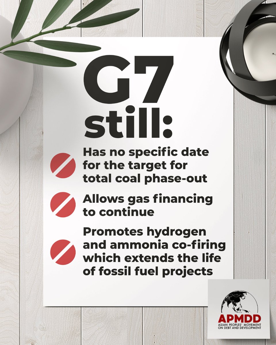 As the host country of this G7 Japan 🇯🇵 has a responsibility to fulfill G7 commitments in the phase-out of fossil fuels🌲. Instead, it is advancing its disastrous GX policy - promoting hydrogen & ammonia co-firing, CCS, and nuclear power. 
#FossilFreeNow
#NoToFalseSolutions