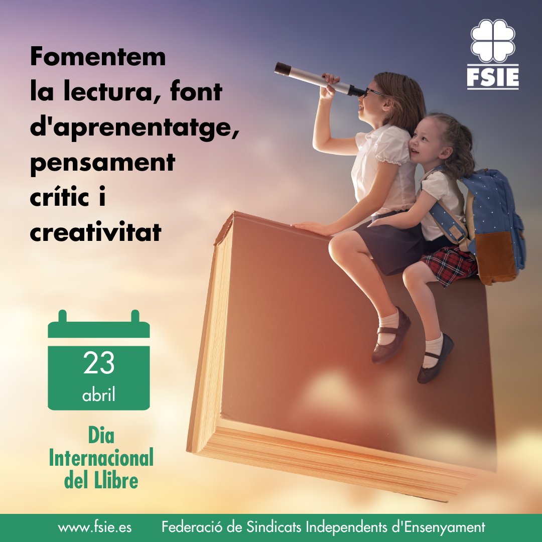 fsieib's tweet photo. 📚📕 El 23 d'abril és un dia especial: el Dia Internacional del #Llibre. 💚📖
🙌 Des de #FSIE animam a tots els professionals del #ensenyament i a les famílies a promoure aquest bon hàbit en els menors.
🔗 https://t.co/MD4p8Z890h
#DiaInternacionalDelLlibre #SomFSIE🍀 https://t.co/lIAg8S4HqS