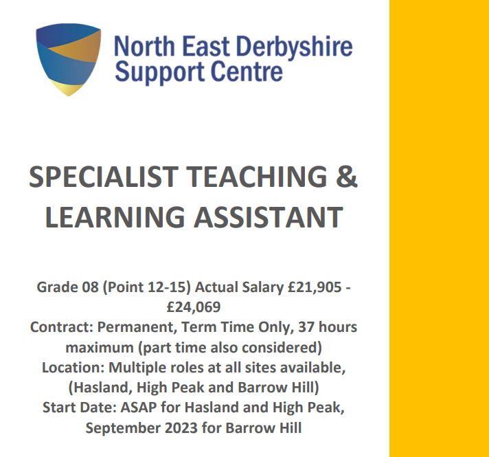 Specialist Teaching and Learning Assistant Wanted: For info visit Esteem Website athttp://esteemmat.co.uk/jointheteam. Please use relevant application form on website;  Closing date: 2nd June 2023  #vacancies #jobsearch #JobAlert #derbyshirejobs #EducationJobs #Jobs #JobVacancy