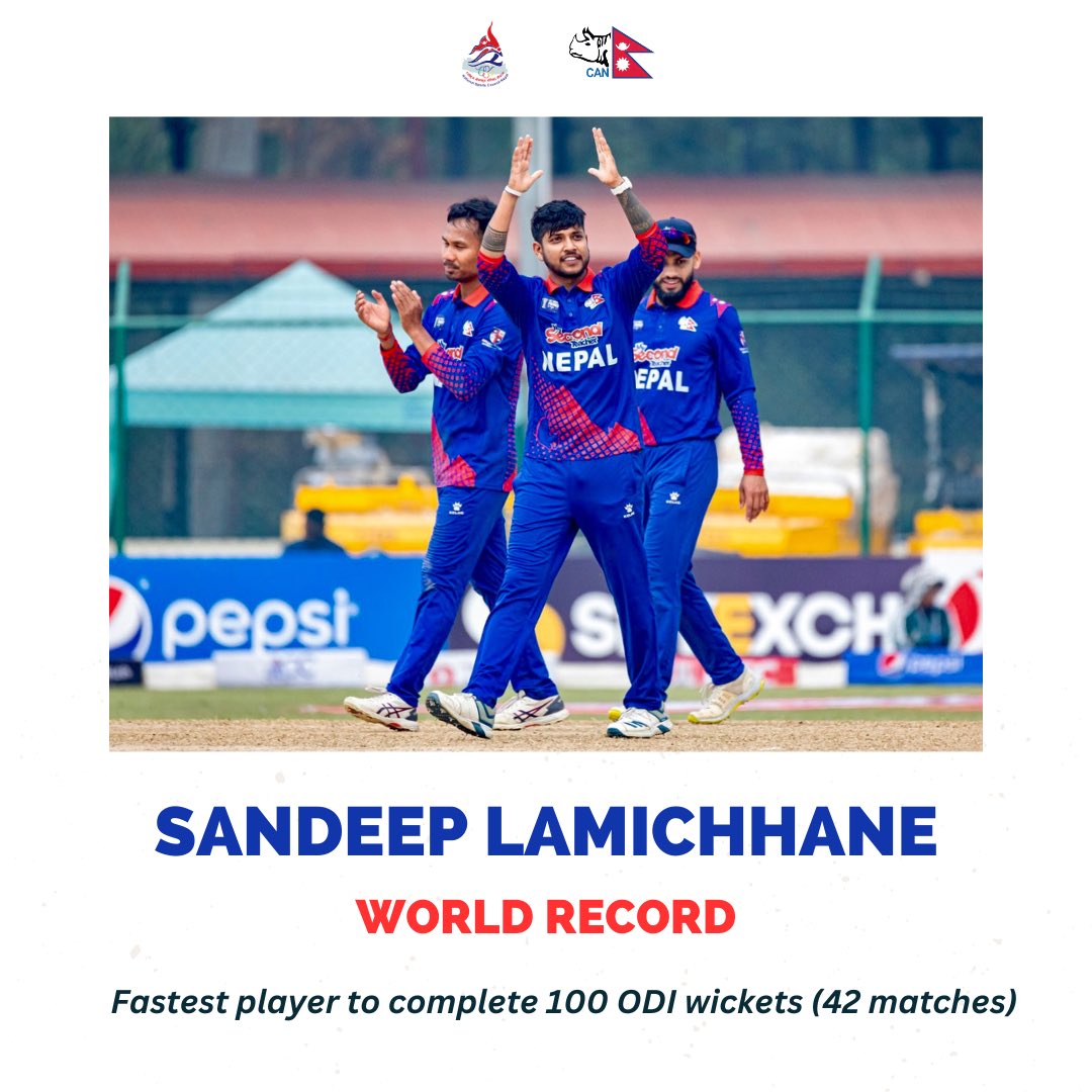 Big congratulations to Sandeep Lamichhane! 🎉🏏 Breaking world record and making Nepal proud! Fastest player to reach 100 wickets in ODIs  in just 42 matches! Keep shining! ❤️🇳🇵 

#SandeepLamichhane #RecordBreaker #Cricket #NepalPride"