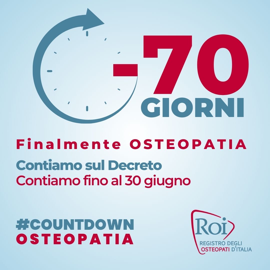 #COUNTDOWNOSTEOPATIA -70 giorni al 30.06.23, data indicata dall’ultimo Decreto Milleproroghe per concludere l’iter della legge che istituisce la nostra professione.
<a href="/mur_gov_/">Ministero dell'Università e della Ricerca</a>
<a href="/BerniniAM/">Anna Maria Bernini 🇮🇹</a>
<a href="/MinisteroSalute/">Ministero della Salute</a>
<a href="/marcellogemmato/">Marcello Gemmato 🇮🇹</a>
#osteopatia #osteopati #osteopatiaprofessionesanitaria