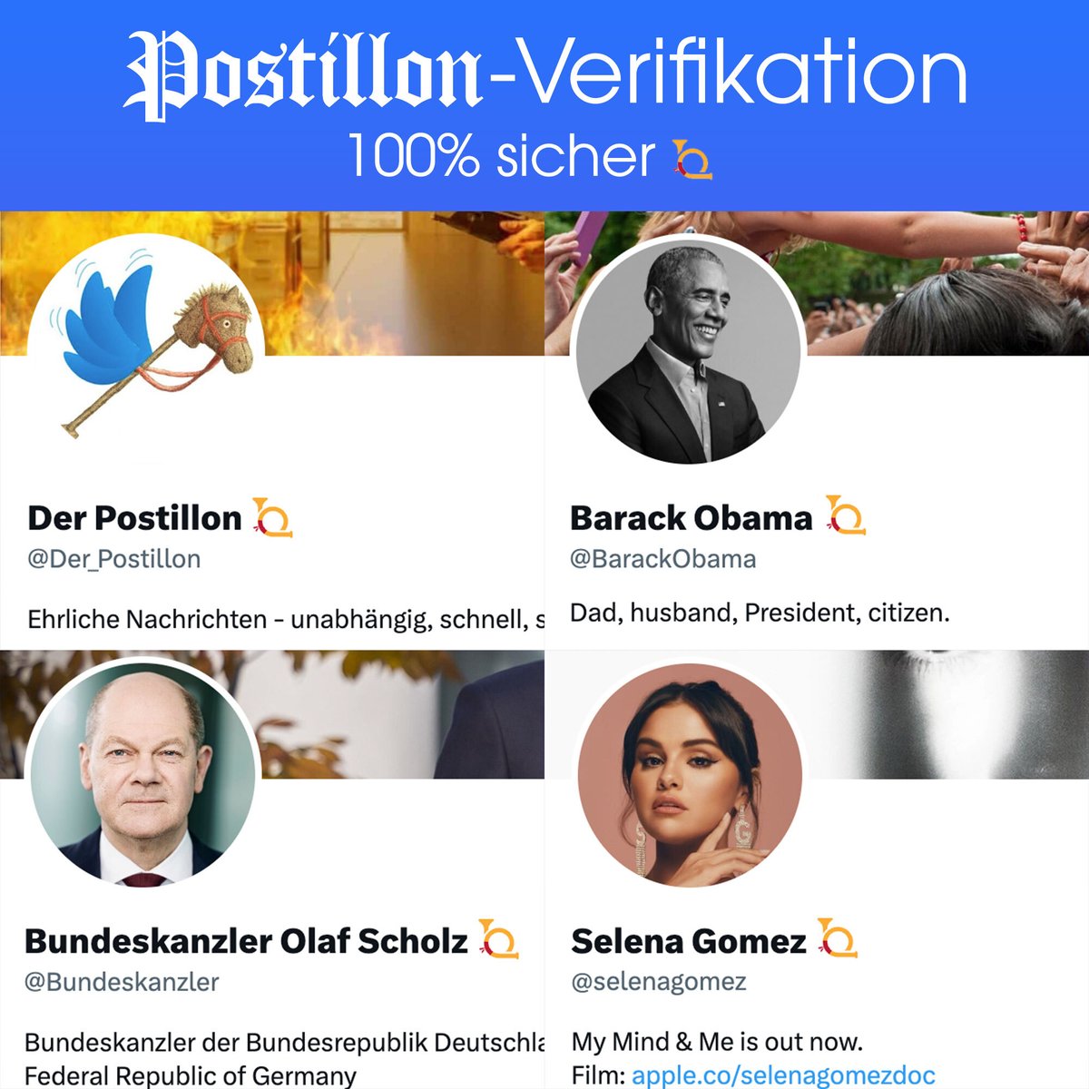 Einmaliges Angebot! Lassen Sie sich vom Postillon GRATIS auf Twitter verifizieren! Und so geht's: Einfach diesen Tweet retweeten & liken. Anschließend Sind Sie berechtigt, dieses Symbol 📯 zu kopieren und hinter Ihren Twitter-Namen zu setzen.