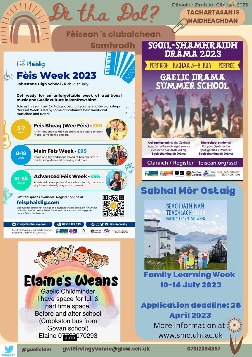 Yvonne Irving (@gaelicfam) on Twitter photo Ceilidh Dihaoine 28mh Giblean <a href="/BGhobhainn/">Bun-sgoil Ghàidhlig Bhaile a’ Ghobhainn</a>
Clas #Ghàidhlig @LangsideSC Disathairne seo tighinn
Claradh fosgailte airson <a href="/feisphaislig/">Fèis Phàislig</a> sgoil-shamhraidh drama <a href="/fngaidheal/">Fèisean nan Gàidheal</a> seachdain nan teaghlach <a href="/SabhalMorOstaig/">Sabhal Mòr Ostaig</a>
<a href="/LLyoncross/">Lyoncross Nursery/ Sgoil-Àraich Lyoncross</a> @glendalegaelic <a href="/SGGArdsgoil/">Àrd-sgoil Ghàidhlig Ghlaschu</a> <a href="/SGGBun/">BunSgoilSGG</a> <a href="/OgananChildcare/">Òganan Gaelic Childcare</a> Ceilidh Dihaoine 28mh Giblean <a href="/BGhobhainn/">Bun-sgoil Ghàidhlig Bhaile a’ Ghobhainn</a>
Clas #Ghàidhlig @LangsideSC Disathairne seo tighinn
Claradh fosgailte airson <a href="/feisphaislig/">Fèis Phàislig</a> sgoil-shamhraidh drama <a href="/fngaidheal/">Fèisean nan Gàidheal</a> seachdain nan teaghlach <a href="/SabhalMorOstaig/">Sabhal Mòr Ostaig</a>
<a href="/LLyoncross/">Lyoncross Nursery/ Sgoil-Àraich Lyoncross</a> @glendalegaelic <a href="/SGGArdsgoil/">Àrd-sgoil Ghàidhlig Ghlaschu</a> <a href="/SGGBun/">BunSgoilSGG</a> <a href="/OgananChildcare/">Òganan Gaelic Childcare</a>