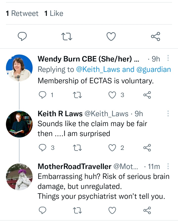 jill_d35's tweet photo. How many times do you have to say "#ECT is unregulated" before those who promote it's use actually respond? They can hardly say they didn't realise now, although many still don't seem to have taken this serious issue on board. https://t.co/ciAvgJ1tkP