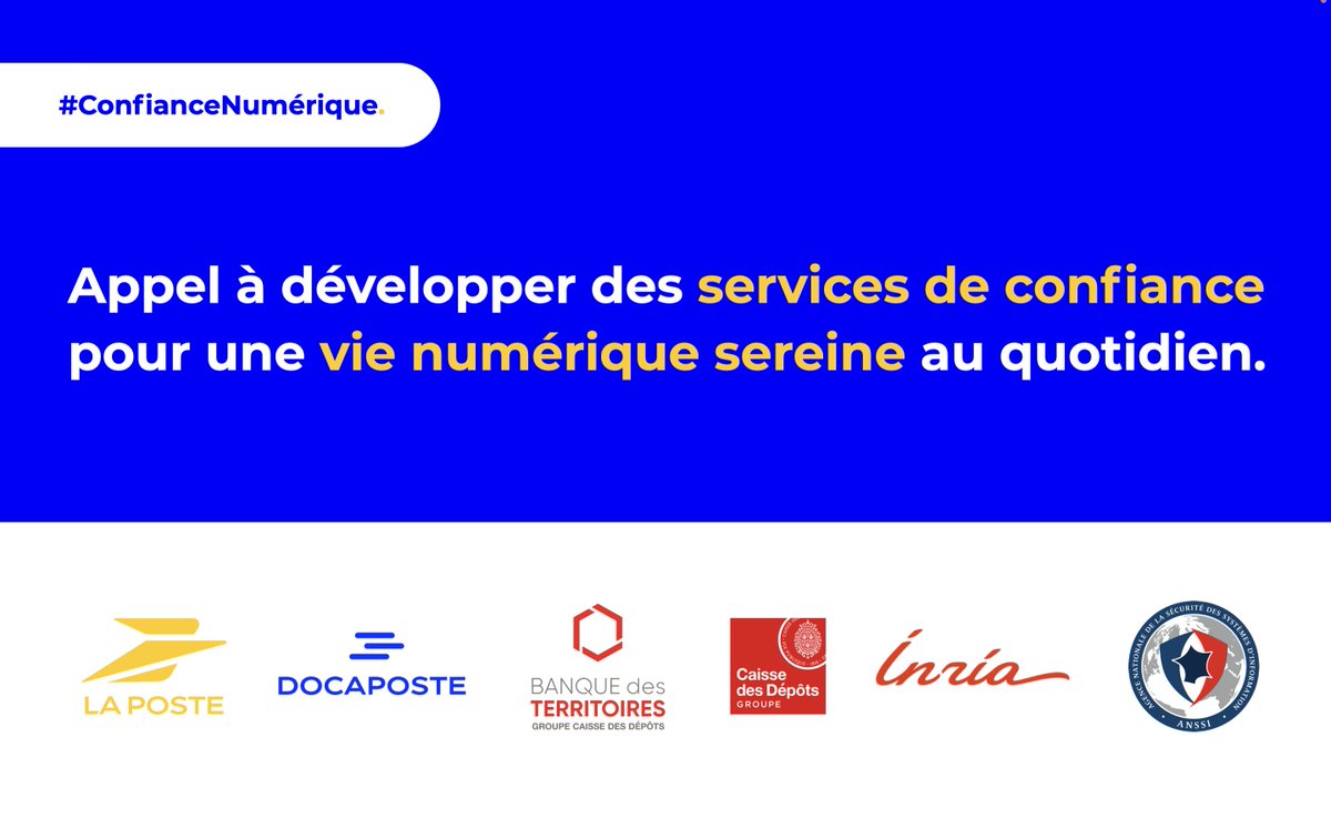 1⃣#ConfianceNumérique | <a href="/GroupeLaPoste/">La Poste Groupe</a> , <a href="/Docapost/">Docaposte</a>, <a href="/caissedesdepots/">Caisse des Dépôts</a>, <a href="/BanqueDesTerr/">Banque des Territoires</a>, <a href="/Inria/">Inria</a>  et &amp; <a href="/ANSSI_FR/">ANSSI</a> lancent un appel à développer des services de confiance pour une vie numérique sereine au quotidien. 
Pour lire ou écouter cette tribune👇: l.doca.info/EZA550NOMMc