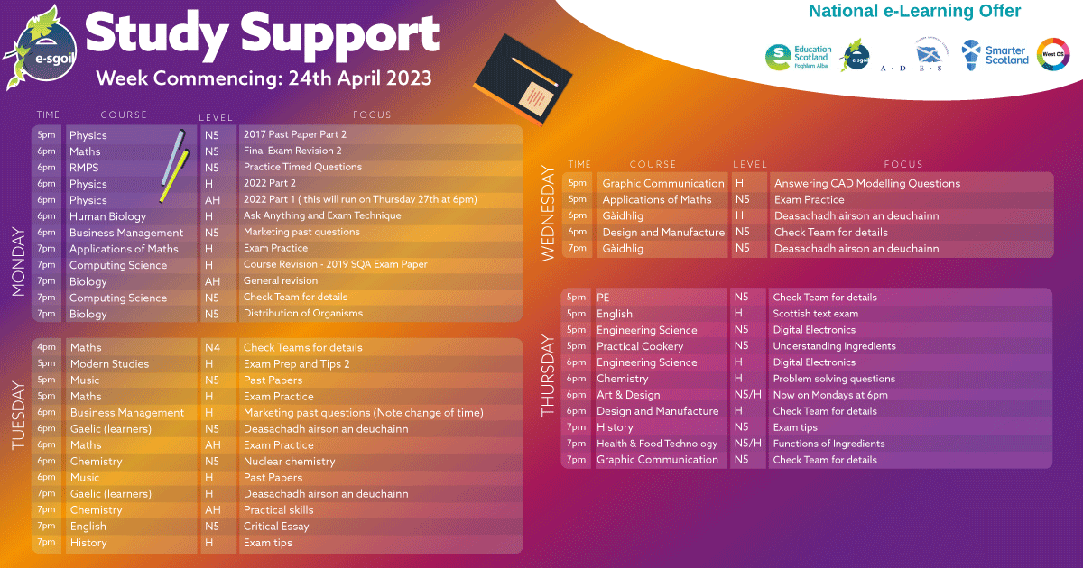 eSgoil's tweet image. Most of our live evening Study Support webinars run until each subject's exam. Find out below what 's on next week & what's planned to be covered. Learners can still sign up for the webinars and access the resources contained in the subject teams. 
e-sgoil.com/study-support/
#NeLO