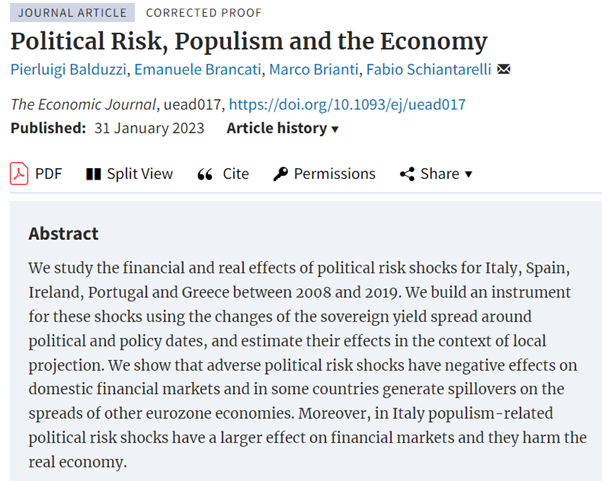 Forthcoming at EJ: ‘Political Risk, Populism and the Economy’ by Pierluigi Balduzzi, Emanuele Brancati, Marco Brianti and Fabio Schiantarelli doi/10.1093/ej/uead017 <a href="/bakonomics/">Emanuele Brancati</a> <a href="/Brianti_Marco/">Marco Brianti</a> <a href="/FabioSchianta/">Fabio Schianta</a> @OUPEconomics <a href="/RoyalEconSoc/">Royal Economic Society</a> #EconTwitter