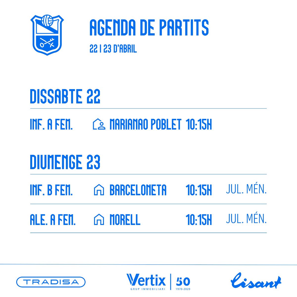 aeprat1945's tweet photo. 🗓AGENDA DE PARTITS

💪Els partits del 22 i 23 d’abril de la base femenina‼️

*els partits queden subjectes a possibles canvis

#vertix
#femeníblau
#sompotablava🐔 https://t.co/XGgIqsQeeo