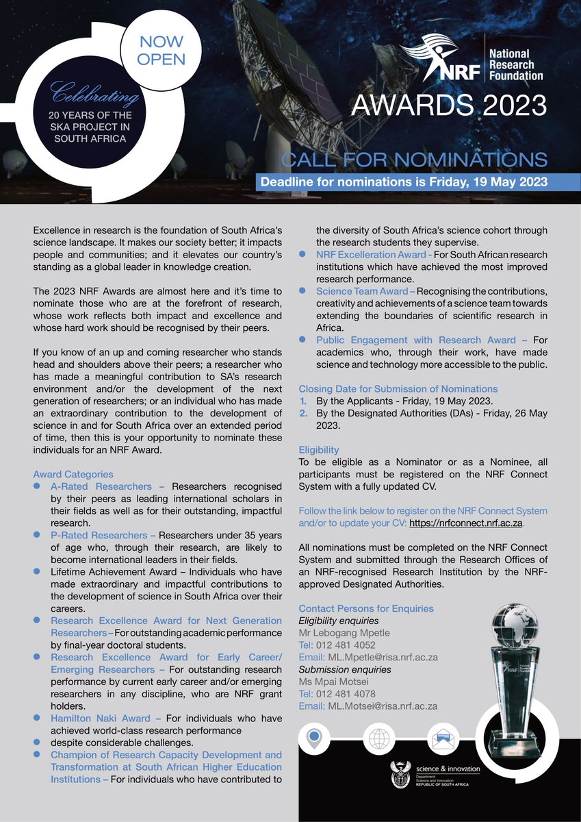 NRF_News's tweet photo. It’s time to nominate those who are at the forefront of research, whose work reflects both impact and excellence and whose hard work should be recognised by their peers. It's time for #NRFawards2023! Please follow this link for details: https://t.co/QQjL3MsRBQ https://t.co/ykR9RjKZjx