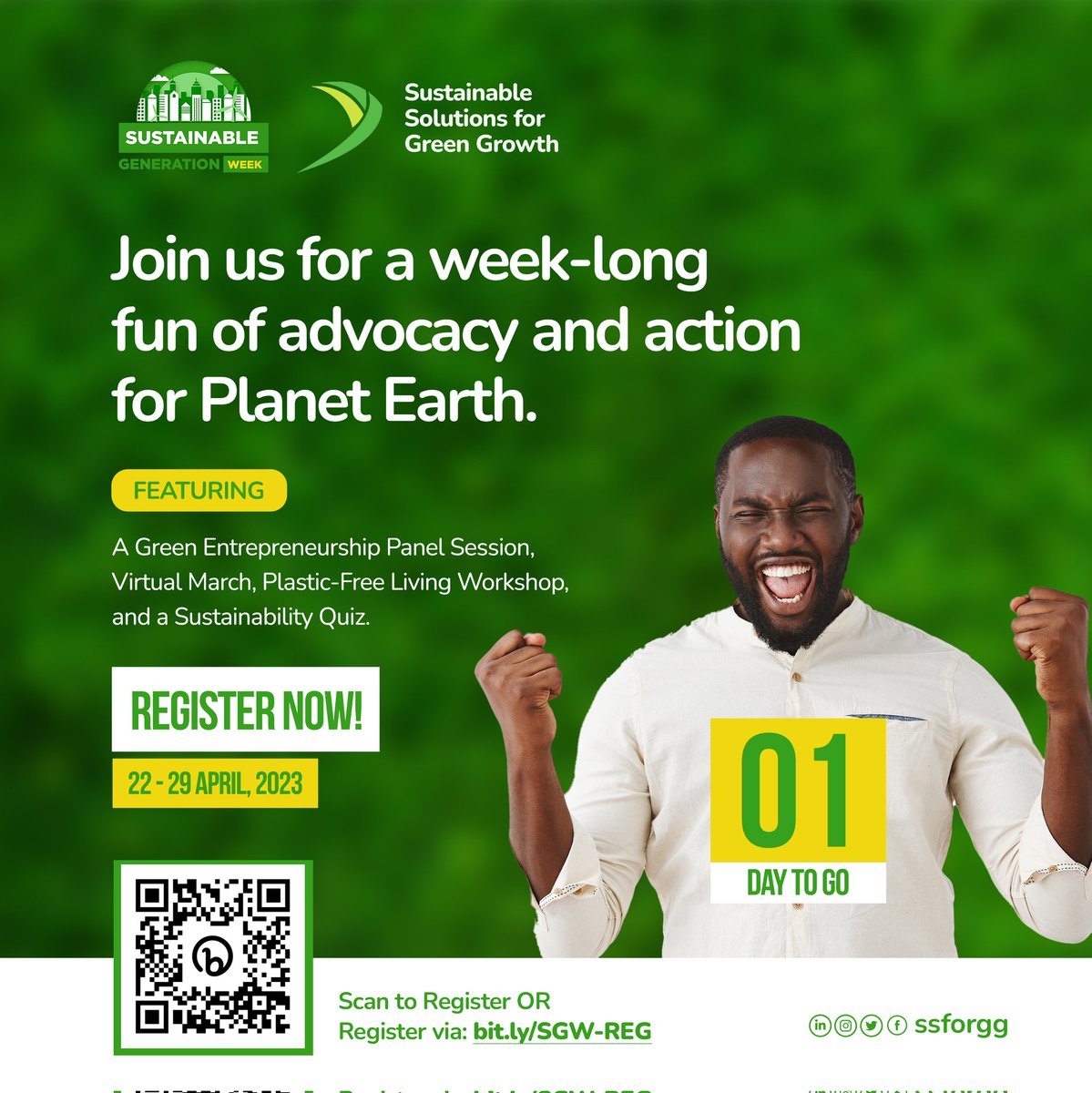 ssforgg's tweet photo. Are you joining @ssforgg for #SustainableGenerationWeek btw 22 - 29 April
Don't miss out on our #ClimateChange &amp; Sustainability advocacy and fun.
Register for a week-long fun of advocacy and action for Planet Earth:
🔗 https://t.co/vlWj7TsdFr
#EarthDay #SSGGsgw #InvestInOurPlanet https://t.co/21P9GLooO7