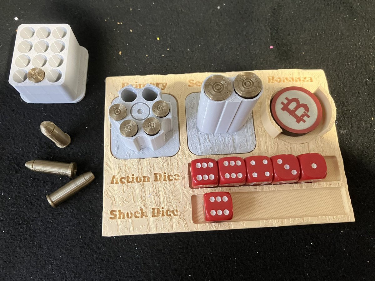 @iwouldlike2rage Love these. Reduced to 75% for 12 mm dice printed the base in wood effect, chambers in grey and bullets in antique gold pla, a bed full of shells printing looks well dodgy !! #whatacowboy , #spreadthelard