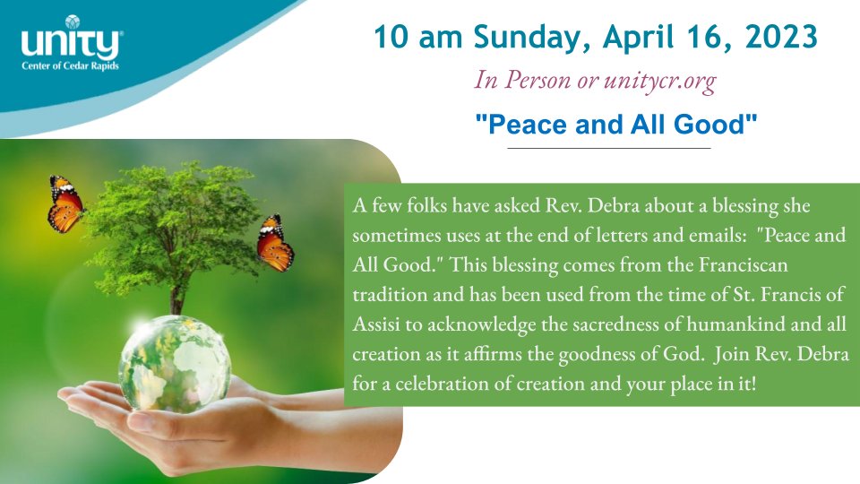 UnityofCR's tweet image. "Peace and All Good" Join Rev Debra for a celebration of creation and your place in it! - mailchi.mp/unitycr/peace-… #spiritual #PositivePath #OnlineChurch #NewThought