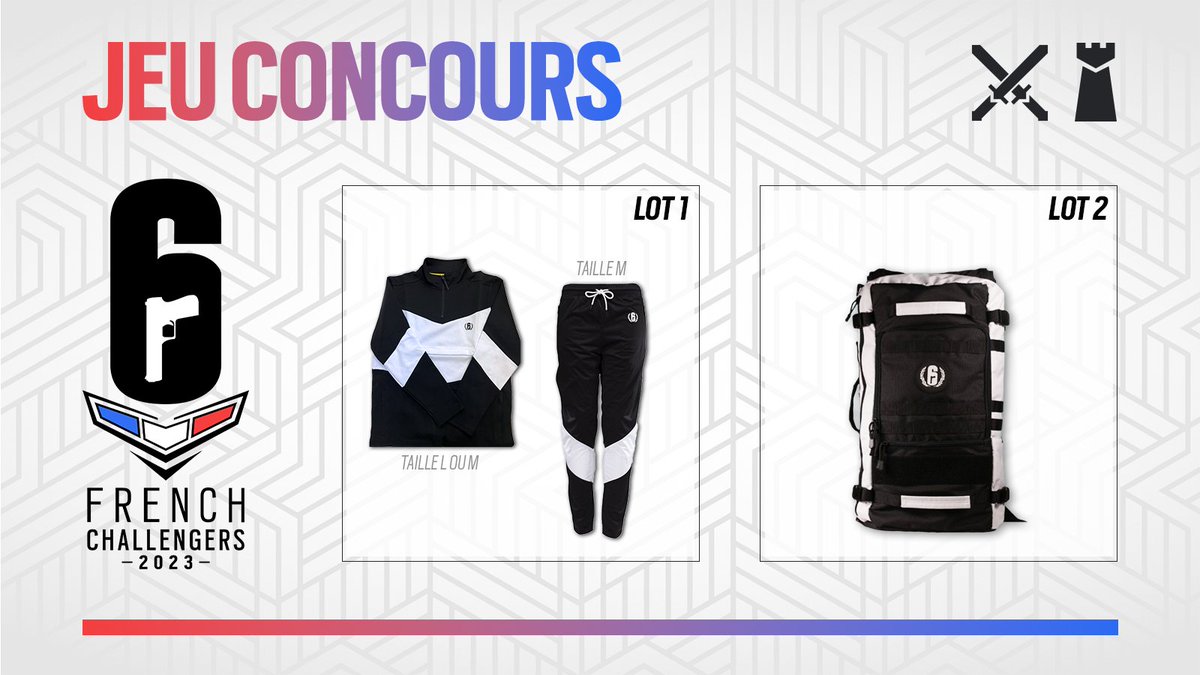 Les derniers matchs de la 6 French Challengers ont lieu ce week-end ! 🇫🇷 

🎁 Pour l'occasion, tente de remporter l'un de ces 2 lots ! Pour cela : 
- RT ce tweet 
- Abonne-toi au compte <a href="/R6esports_FR/">Rainbow Six Esports FR 🇫🇷🥖</a> 

TAS du jeu concours le 24/04.