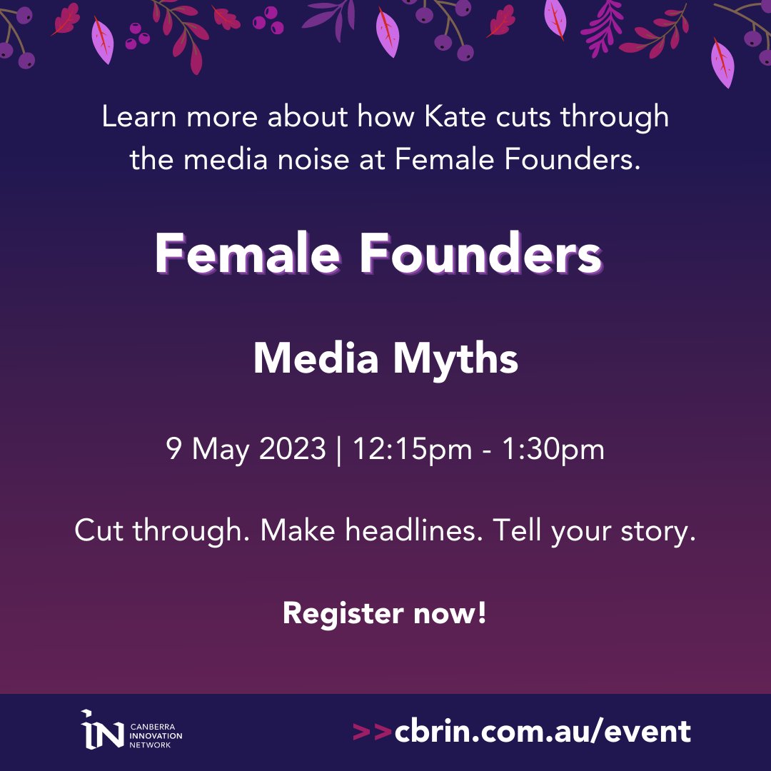 Have you registered for the upcoming Female Founders - Media Myths event? You do not want to miss out on hearing from Kate Freeman and how she cuts through the media noise! 
Register now!
&gt;&gt;cbrin.com.au/events/female-…