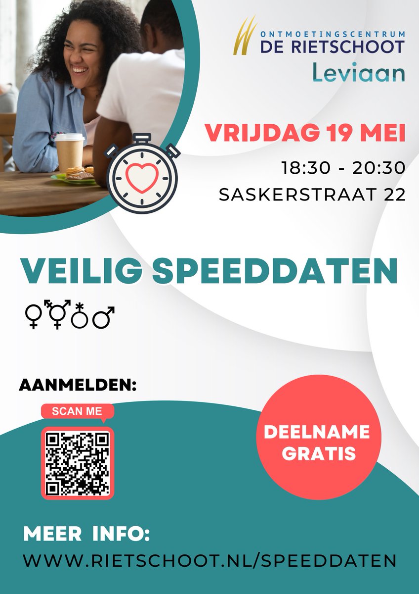 Grijp je kans! Leviaan organiseert samen met Ontmoetingscentrum De Rietschoot in Koedijk een speeddate-avond. Omdat je de liefde of vriendschap soms gewoon even een duwtje moet geven 😀 
Maak deze gezellige avond in veilige sfeer ook mee en meld je gratis aan!