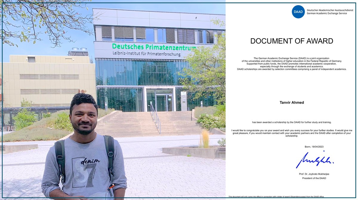 Hurray!!! 🐒🧬
Awarded the prestigious DAAD scholarship 2023/24 for my Ph.D. at the Primate Genetics Laboratory of @DPZ_eu 

#research #daad #phdscholarship #germany #bangladesh #bangladeshnews #phd #populationgenetics #langurs #genetics #climatechange #primates #conservation