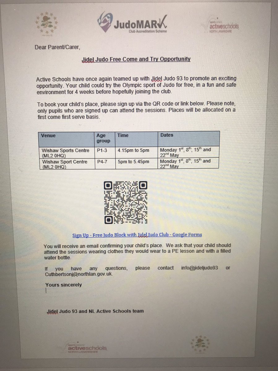 CLUB LINK | FREE OPPORTUNITY 💥

Once again <a href="/Jideljudo93/">Jidel Judo 93</a> are offering a fantastic free opportunity to try the sport of Judo 👏🏼 

See sign up information below 👇🏼 

<a href="/St_Aidans_PS/">St Aidan's PS Wishaw</a> <a href="/nlcstbrigid/">NLC St. Brigid’s Primary</a> <a href="/StIgnatiusPS1/">St Ignatius’ PS</a> <a href="/stthomasprimary/">@stthomasprimary</a> <a href="/ShottsStPats/">St. Patrick's Shotts</a>