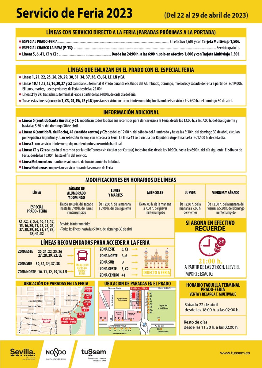 Ayto_Sevilla's tweet photo. 🚌 Este sábado arranca el dispositivo de #Tussam para la #FeriaSevilla23 con horarios ininterrumpidos y servicio especial de lanzaderas.

🚏 5, 6, 41, C1 y C2 cambian sus rutas para llegar al Real.
🚏 Especial Prado-Feria y Charco de la Pava-Feria.

ℹ️ https://t.co/LV3CtASW2G https://t.co/bErVlJ33zt