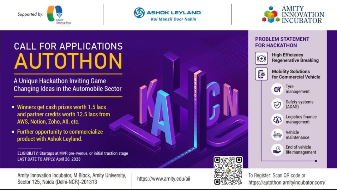 meitystartuphub's tweet photo. Amity Innovation Incubator in partnership with Ashok Leyland &amp; MeitY Startup Hub launches the #AUTOTHON, a #hackathon2023  in the #automobile sector. Inviting innovative startups in the automobile sector to apply:

*APPLICATION LINK: https://t.co/5dWStsFTD1* https://t.co/RCX2Fsxbjn