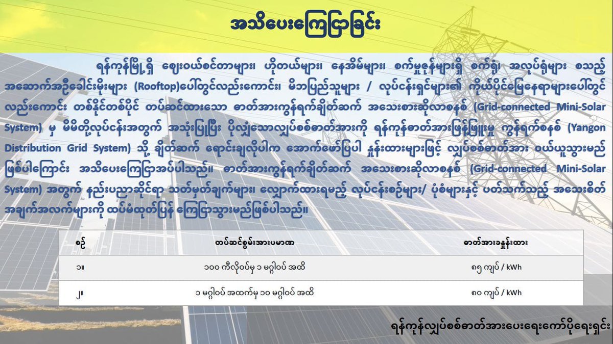 တစ်နေ့လျှင် လျှပ်စစ်မီး ၂ နာရီဝန်းကျင်သာ မီးပေးနိုင်တော့သည့် ရန်ကုန် လျှပ်စစ်ဌာန က ဆိုလာစနစ်ဖြင့် မီးသုံးသူများထံမှ လျှပ်စစ်ဝယ်ယူလိုဟု ကြေညာ
Read more->yktnews.com/2023/04/%e1%80…
