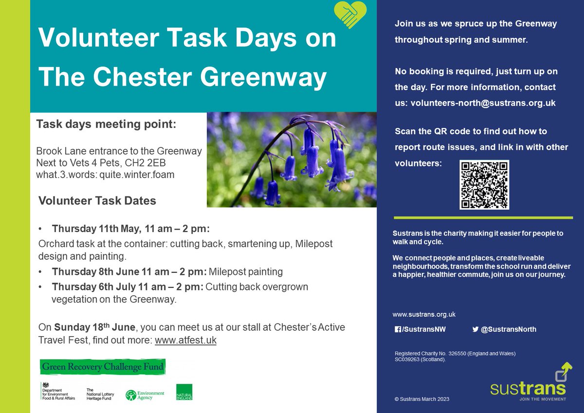 Join us on #ChesterMillenniumGreenway for some path maintenance during the warmer months.

11 am - 2pm on the following dates:
- Thursday 11th May
- Thursday 8th June
- Thursday 8th July

No booking required. For more info:
volunteers-north@sustrans.org.uk