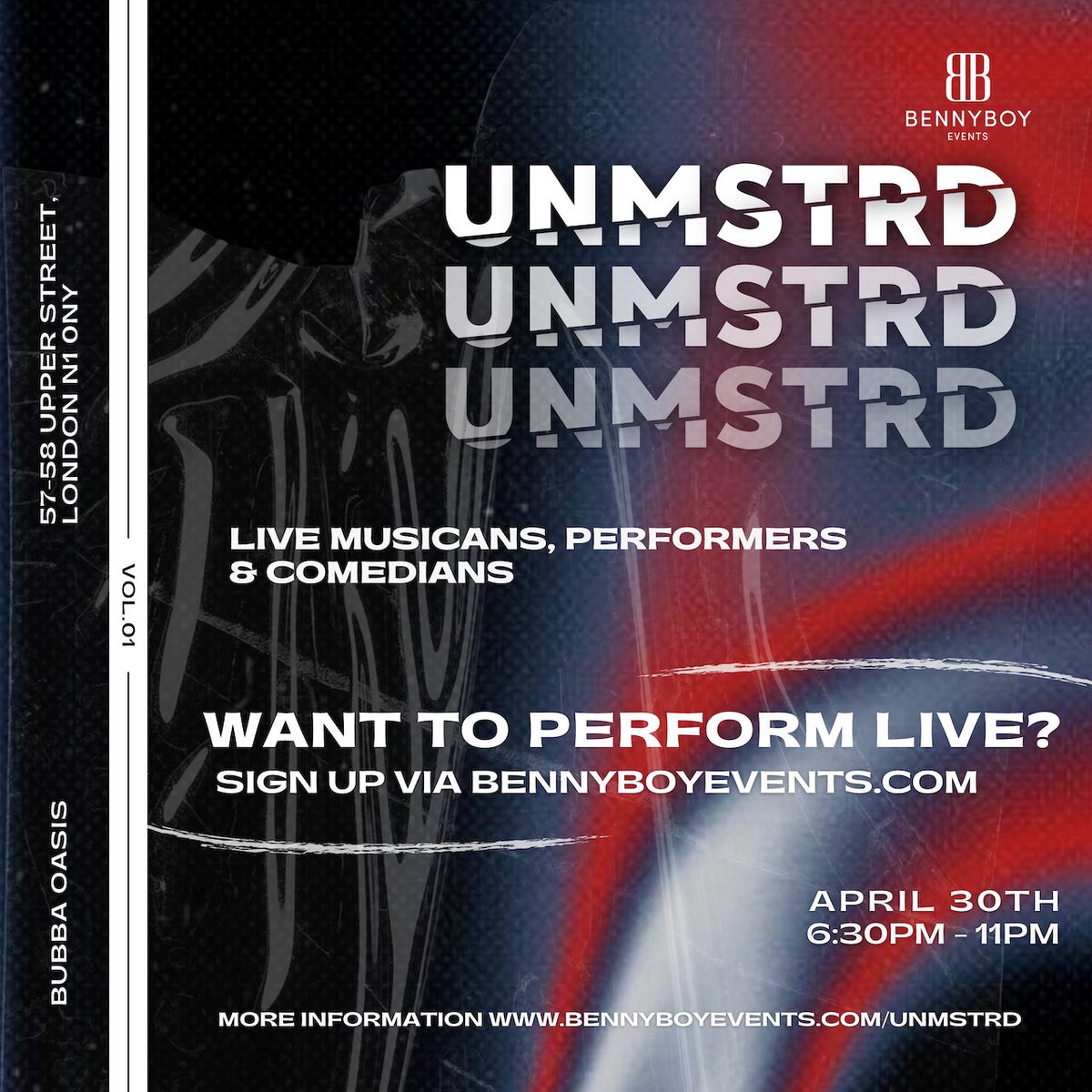 Excited to perform at UNMSTRD  with <a href="/Bennyboyevent/">BBE Tweets</a> at bubba oasis in Angel!!!  Some other amazing talents there so gonna be a night you don’t wanna miss ;)

Get your tickets here: fixr.co/event/unmstrd-…