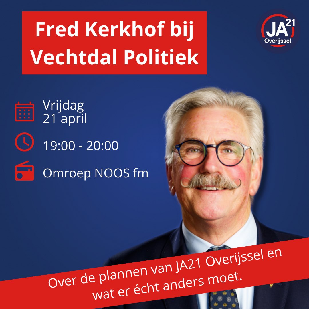 JA21_Overijssel's tweet image. Vanavond om 19:00 zit onze fractievoorzitter @StatenlidK bij @VD_Politiek op @NOOSfm. Hij schuift aan om te praten over wat er echt anders moet in Overijssel. Luisteren dus! #JA21 #psov