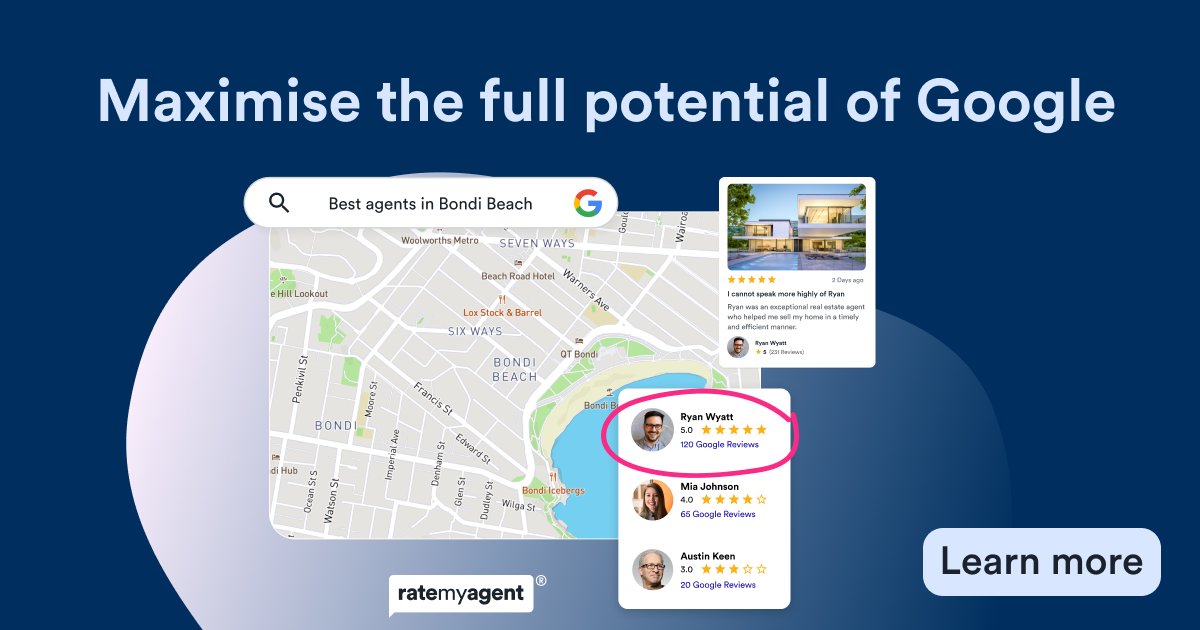 Connect to Google through RateMyAgent and be found first by potential clients! We'll build out your Google profile with reviews, help you rank higher on search results, and optimise your Agent profile pages! #realestate #google