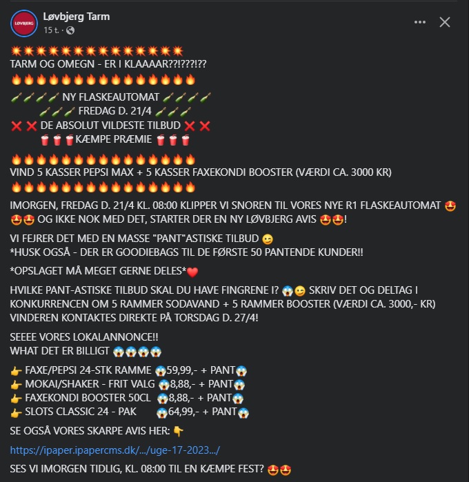 HagemannF's tweet image. Løvbjerg i Tarm formår da at fejre åbningen af en ny flaskeautomat.