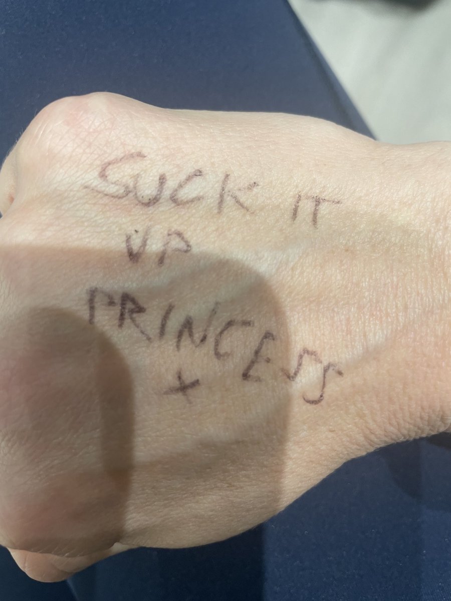 Josephineperry's tweet photo. A very simple #londonmarathon tip today… decide the mantra or message which you will need to remember when it gets hard and write it somewhere; gel or nutrition wrapper, hand, wrist band.. this was mine before Paris! #SuckItUpPrincess https://t.co/ZUoIwMZL8g