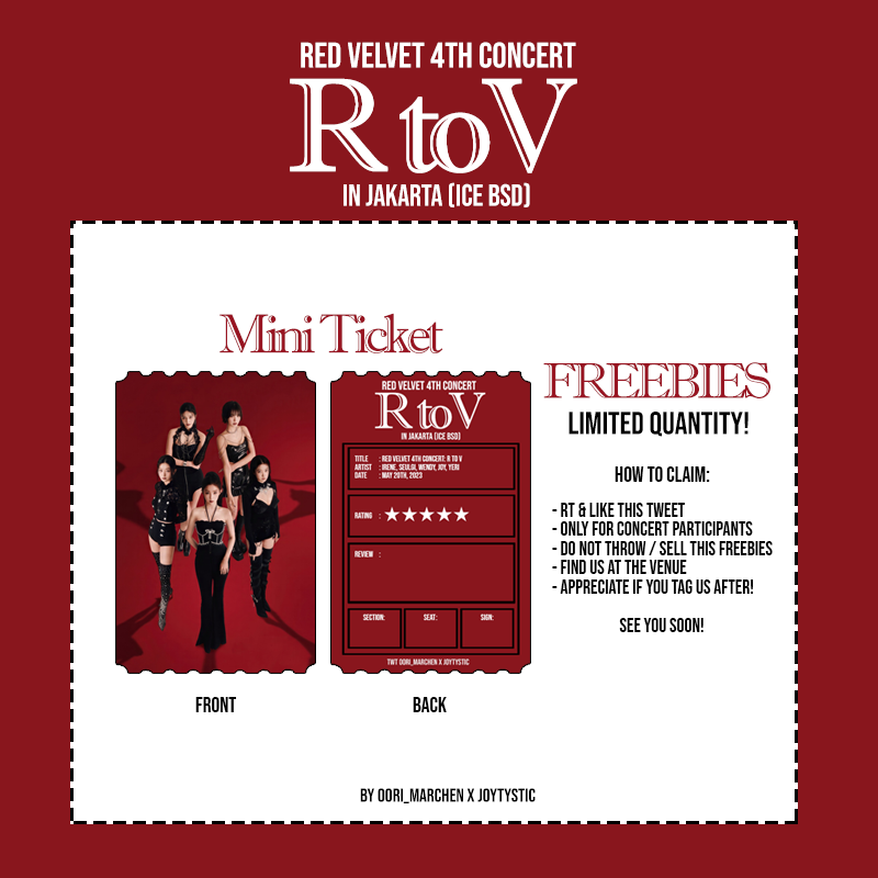 oori_marchen's tweet photo. ‧͙⁺˚*･༓☾ #RedVelvet Freebies ☽༓･*˚⁺‧͙
                   R to V in JAKARTA 
fan support by @oori_marchen x @joytystic 

🌈20 May 2023 
📍ICE BSD (time &amp; spot TBA)

*read t&amp;c on pict
*limited qty

SEE YOU SOON!

#RtoVinJKT #RtoVinJAKARTA 
#레드벨벳 Red Velvet https://t.co/zLiE6NwYKi