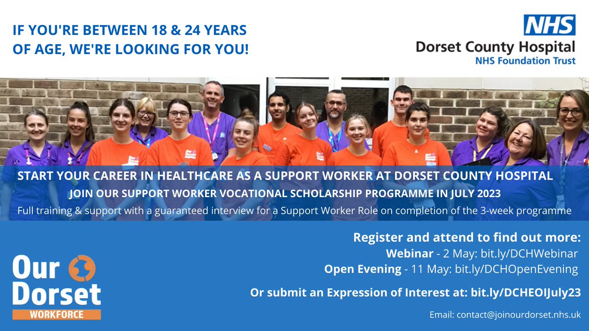 Join Our Dorset (@joinourdorset) on Twitter photo We've partnered with <a href="/DCHFT/">Dorset County Hospital NHS Foundation Trust</a> to provide a healthcare support worker vocational scholarship, taking place in July π
Learn moreπ½
π» Join our webinar bit.ly/DCHWebinar
π Attend our open evening bit.ly/DCHOpenEvening
π¬ Express your interest bit.ly/DCHEOIJuly23 We've partnered with <a href="/DCHFT/">Dorset County Hospital NHS Foundation Trust</a> to provide a healthcare support worker vocational scholarship, taking place in July π
Learn moreπ½
π» Join our webinar bit.ly/DCHWebinar
π Attend our open evening bit.ly/DCHOpenEvening
π¬ Express your interest bit.ly/DCHEOIJuly23