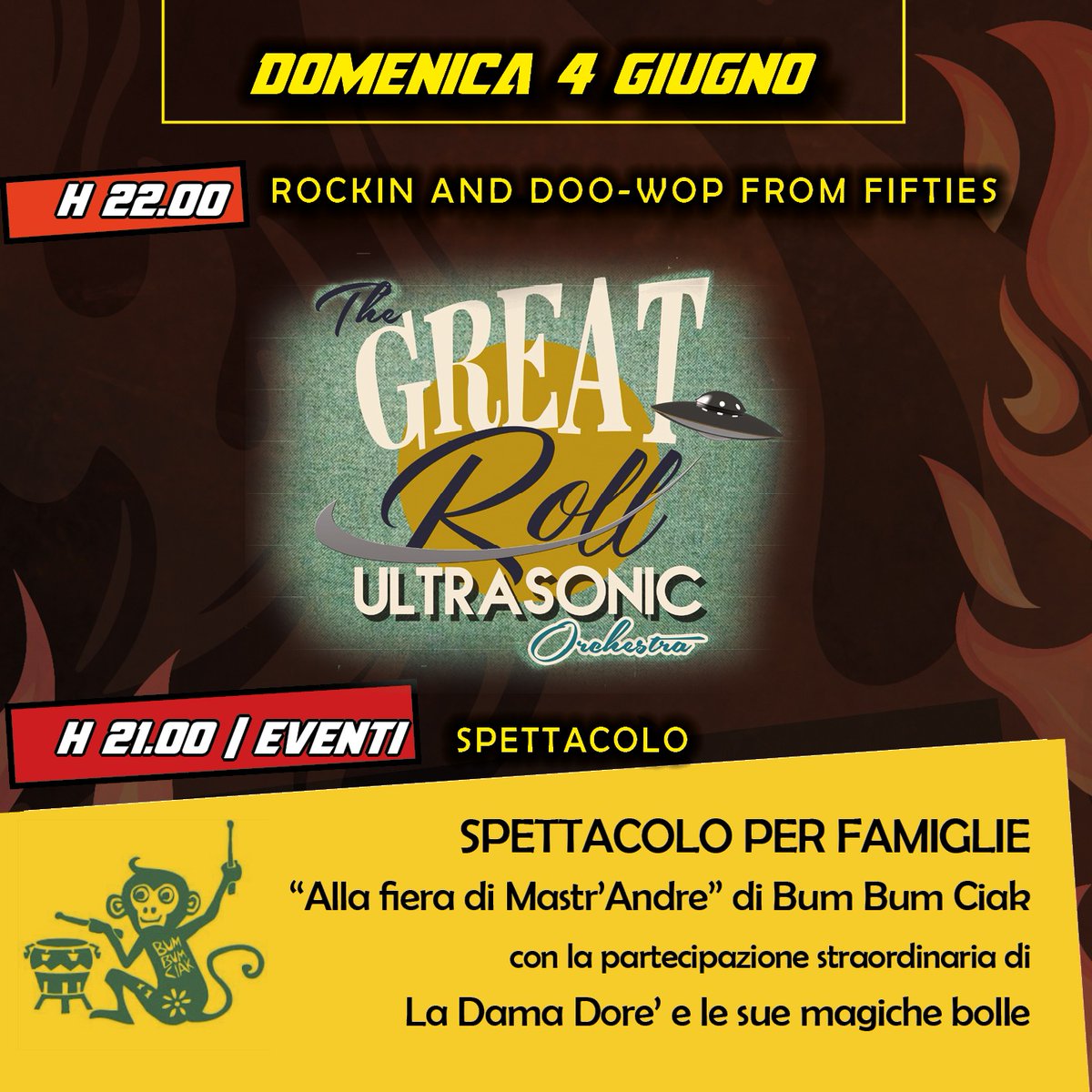PegorockF's tweet photo. Domenica 4 giugno

🎸🎺 Live music: The great roll Ultrasonic Orchestra🎷

🤹 Event: Alla fiera di Mastr'Andre di Bum Bum Ciak e la partecipazione di La Dama Dore'

@thegruorchestra
@bum_bum_ciak 

#Pegorock23 #pegorock2023 #live #music #events #spettacoli #beer #food #drinks https://t.co/I2SBbpAKmj