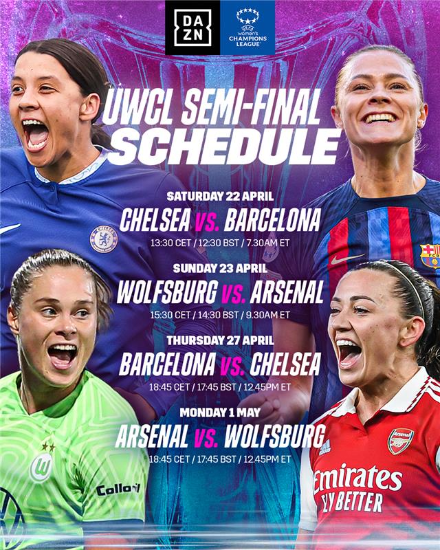 The UWCL returns live on Dazn for the Semi-Finals tomorrow, along with two preview shows. Featuring top clubs, Chelsea FC Women, Arsenal WFC, FC Barcelona and VfL Wolfsburg, all matches are available on the platform and free for the world to see on Dazn’s YouTube channel. Don’t