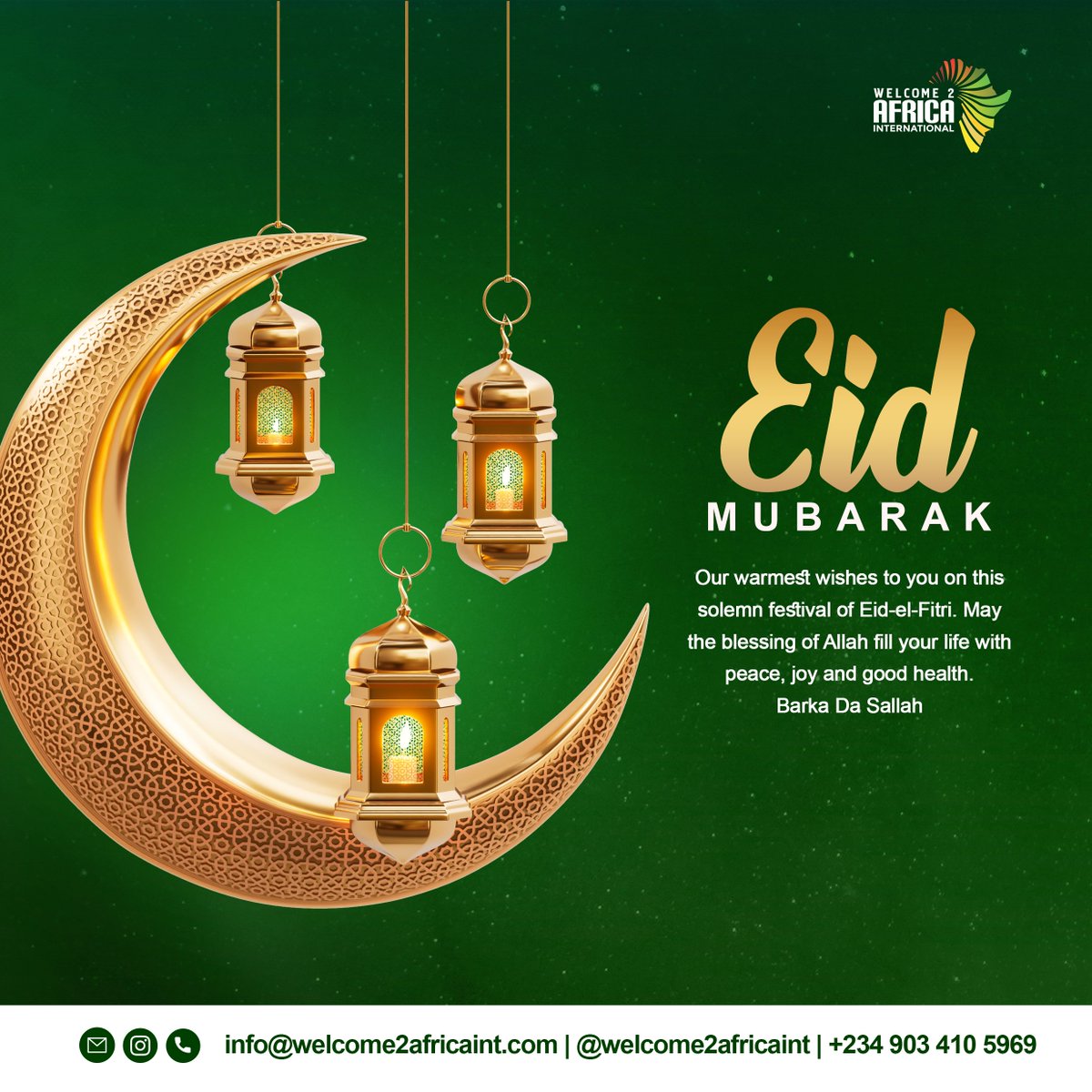 welcome2africa's tweet photo. Warmest wishes to you from Welcome2africa International on this solemn festival of Eid-Ul Fitr.
May the blessing of Allah fill your life with peace, joy, and good health.
Eid Mubarak!!!
#eid #eidmubarak #sallah #celebration #w2a https://t.co/OfI3I8k17f