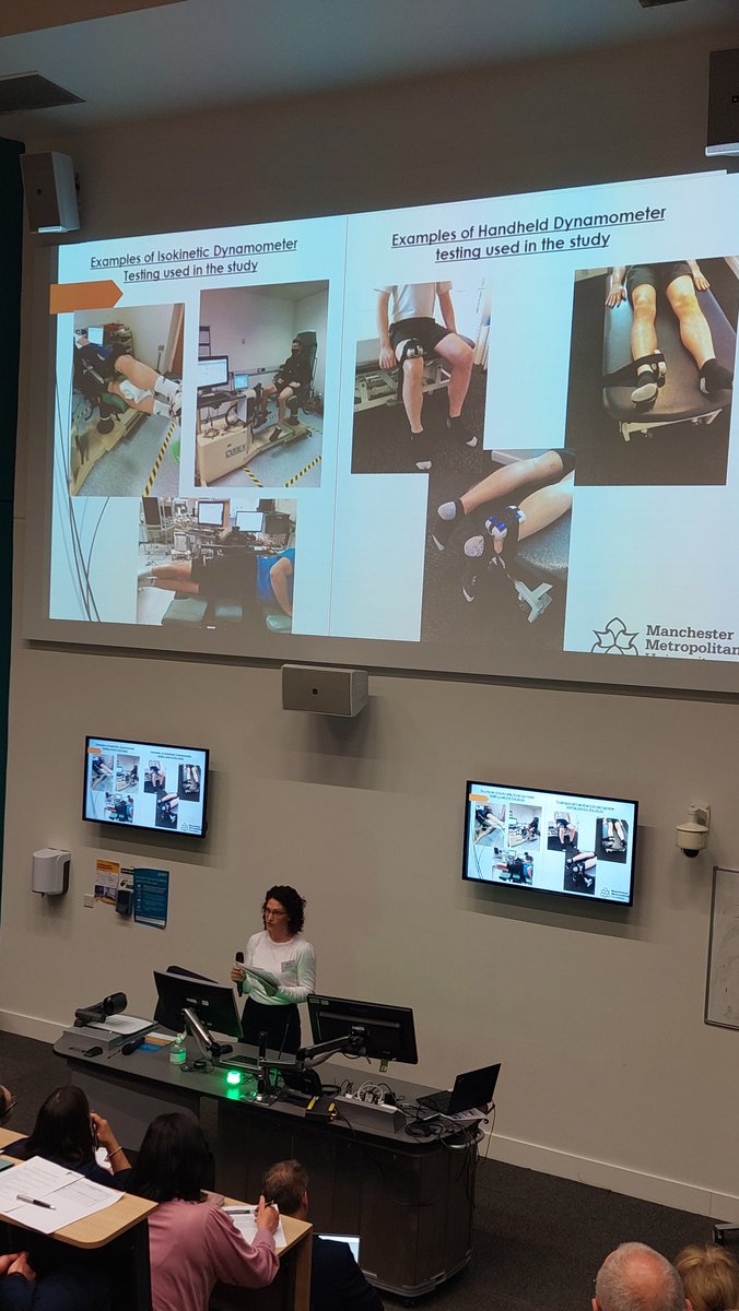 MMUPhysio_Res's tweet photo. As part of the @PhysioResSoc #PRS2023 PhD student Katherine @kmcnabbphysio gave a presentation showing the results of her study looking at the reliability and validity of quantifiable methods clinicians can use to assess hip strength @HPaC_MMU https://t.co/3sjPPDKxcs