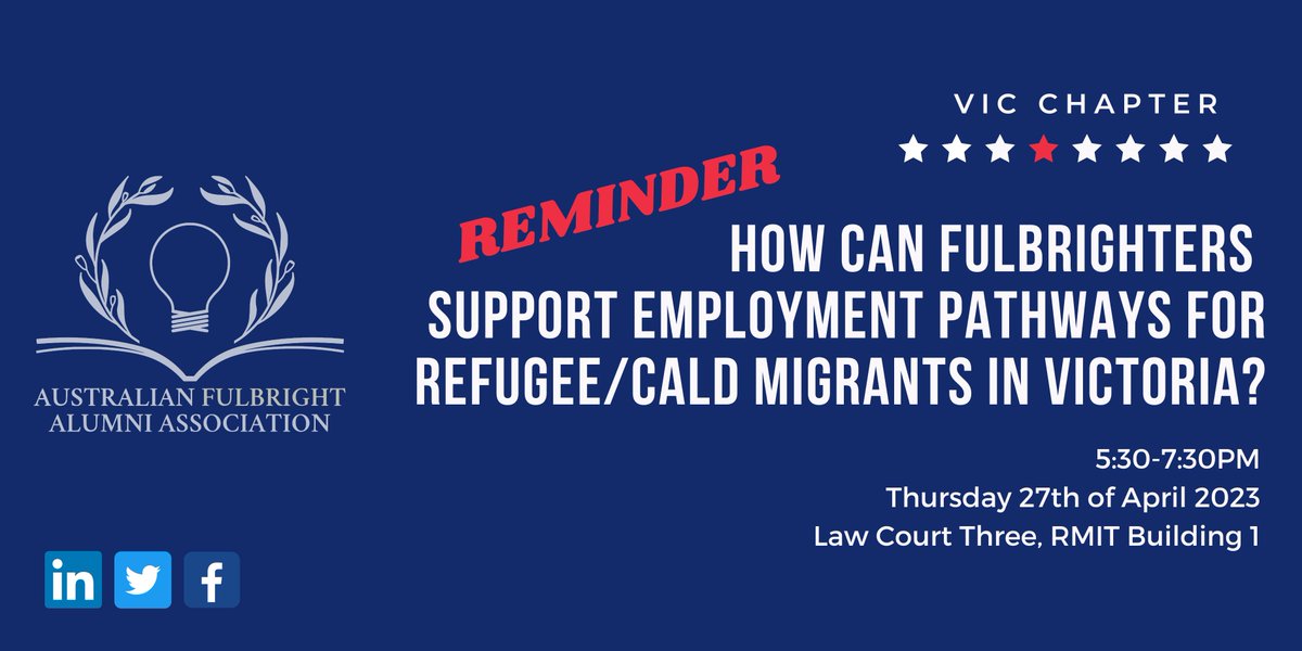 🔔 EVENT REMINDER 🔔

Register here for your free ticket: fulbrightalumni.org.au/event-5228886

Join our #AFAA forum on: How Can Fulbrighters Support Employment Pathways for Refugee/CALD Migrant Workers in Victoria?