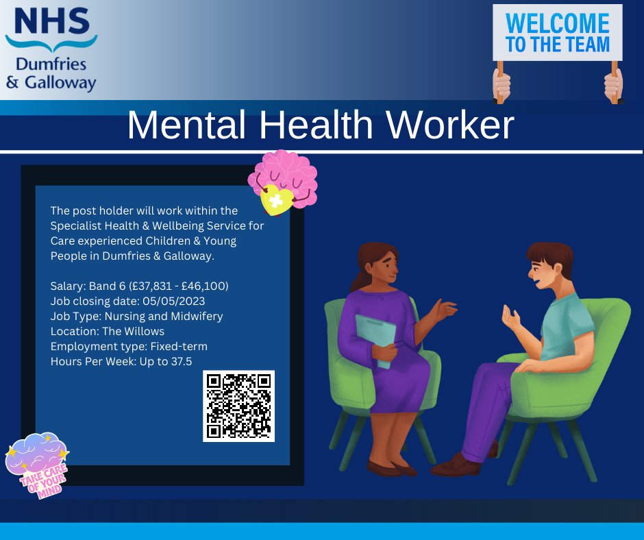 DGNHS's tweet photo. An exciting opportunity has arisen for a Mental Health Worker to be part of a developing service. 

For more details please click on the below link
https://t.co/2m6HgaRAFp
#NHS #nhscareers #nhsscotland #mentalhealth #pratictioner #NMC #childrenandyoungadults https://t.co/LfYZoHFAoW