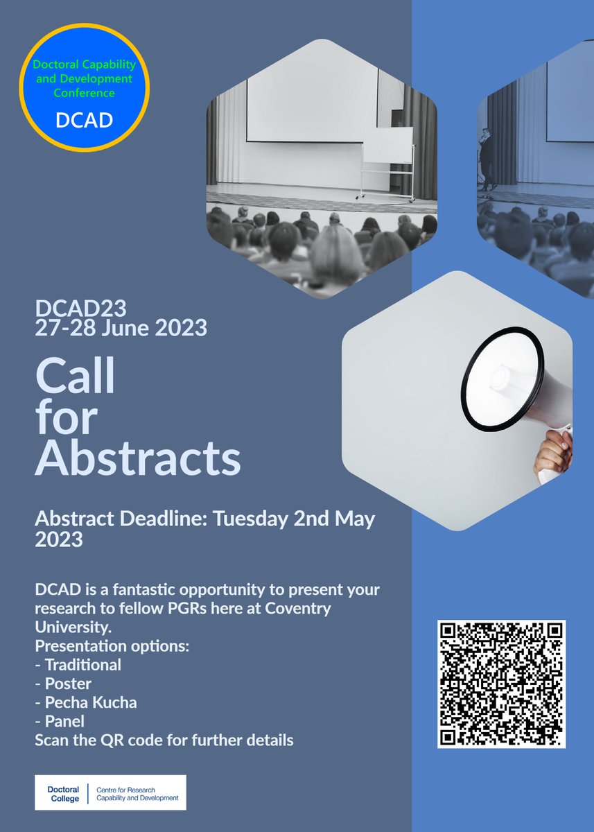 DCAD23 Call for Abstracts! Please share with your PGRs @CDaRE_CU  @COVUNI_CAMC @CovUni_CPC @CovUni_CGFM @CBiS_CovUni @CovUni_CIH @CTPSR_Coventry @CoventryCAWR @CU_HLS  @CovUni_GLEA  @CoventryCAWR  @Covuni_CFCI @CovUni_FCS @CovUni_SELS #CovUniDCAD