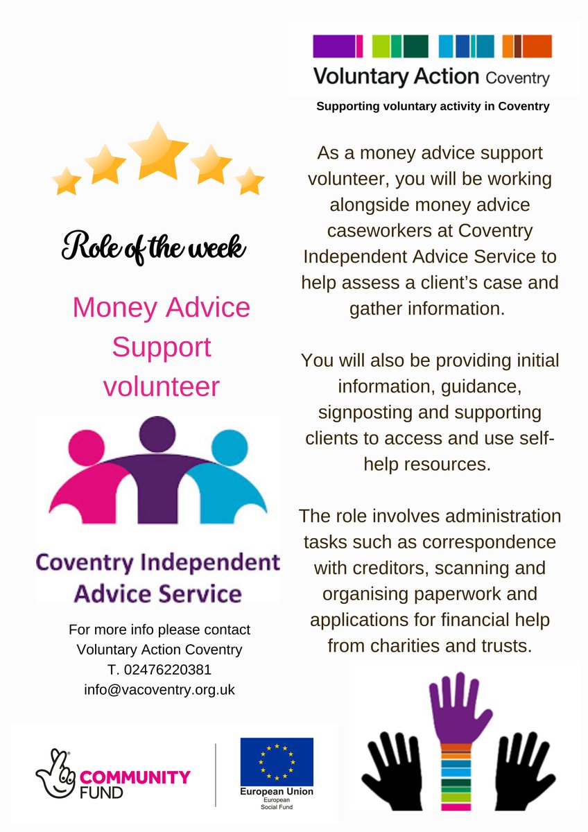 VACoventry's tweet photo. Our #roleoftheweek is... Money Advice support volunteer with @CovAdvice
 https://t.co/WIgKaUlgxq
#voluntaryactioncoventry #volunteering #vcsealliancecoventry #ncvo https://t.co/tB3xwGXqxY