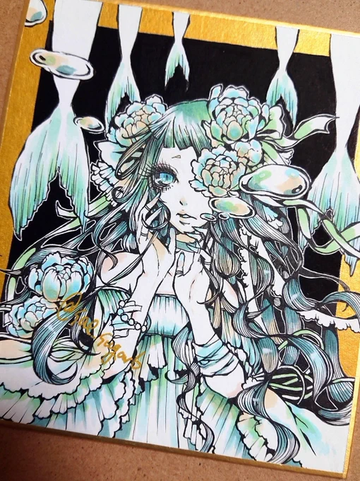 ミニ色紙サイズ作品「人魚の葬列」「Rose blanche」「箱庭」 