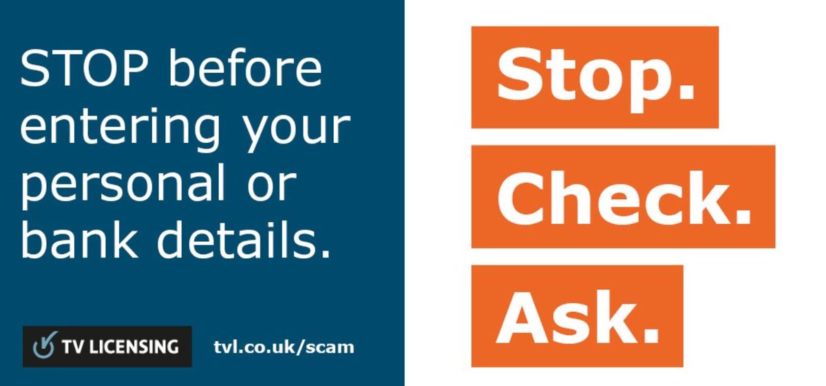 tvlicensing's tweet photo. Scams are on the increase. Remember, we will never call to ask for:
☛ Your mother’s maiden name
☛ Your date of birth
☛ Your card details
If you think you've been targeted by scammers, send a photo or screenshot of the message to textscam@tvlicensing.co.uk
#StopCheckAsk https://t.co/awZfR84oD6