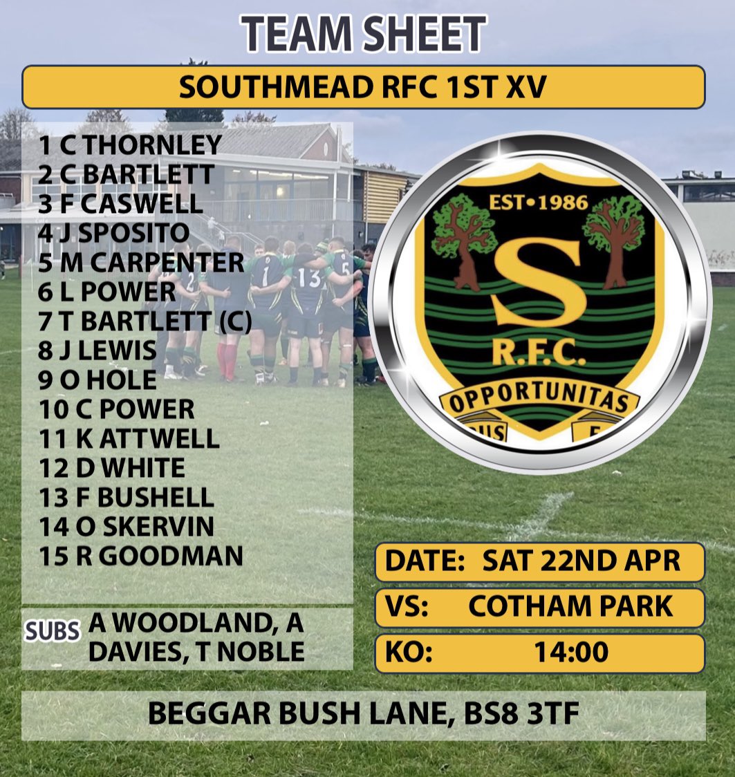 Southmead RFC (@southmeadrfc) on Twitter photo A strong 18 are selected to go over the suspension bridge to <a href="/CothamPark/">Cotham Park Rugby Club π</a> tomorrow in the final <a href="/BandD_ComboCups/">Bristol Rugby Combination Tournaments</a> Bowl group game.
The winner is guaranteed a place in the final, get to Cotham Park to cheer on the boys, 2pm kick off.
Good luck all.
COTM A strong 18 are selected to go over the suspension bridge to <a href="/CothamPark/">Cotham Park Rugby Club π</a> tomorrow in the final <a href="/BandD_ComboCups/">Bristol Rugby Combination Tournaments</a> Bowl group game.
The winner is guaranteed a place in the final, get to Cotham Park to cheer on the boys, 2pm kick off.
Good luck all.
COTM
