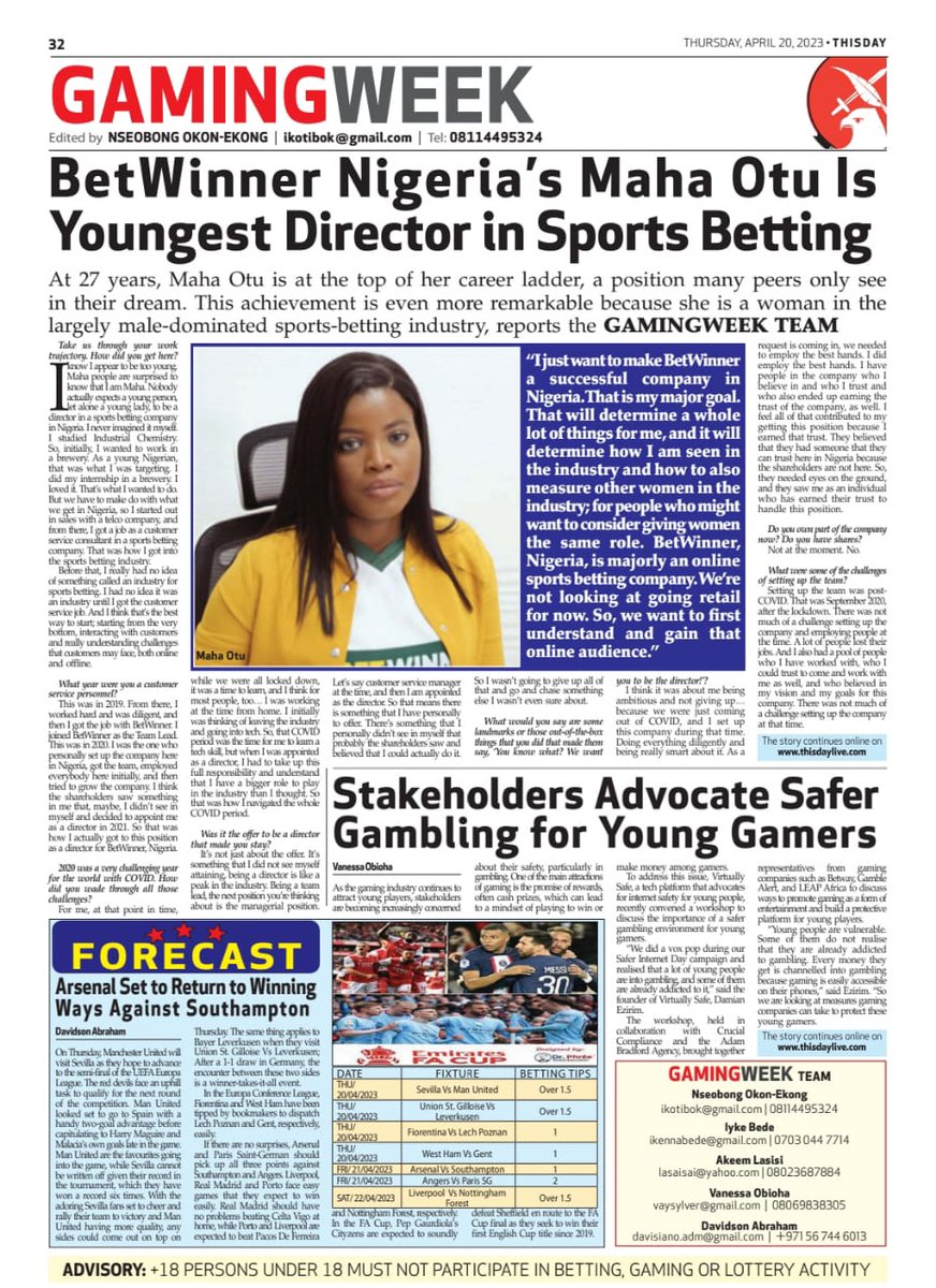 gamingweek1117's tweet photo. Betwinner Nigeria’s Maha Otu is the youngest director in sports betting 
https://t.co/whAuPKqK3v 
@ikotibokAK 
@BetWinner 
@mahaotu
@nlrcgovng  
#BETTING #sportsbetting https://t.co/mTsFtJvz6p